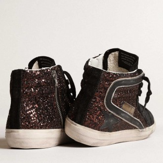 Golden Goose Slide Sneakers In Brown Glitter With Black Leather Star And Flash GWF00115.F003977.81993