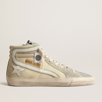 Golden Goose Slide Sneakers In Ivory Nylon With White Leather Star And Silver Swarovski Crystal Tongue GWF00115.F004052.82136