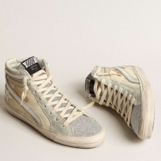 Golden Goose Slide Sneakers In Ivory Nylon With White Leather Star And Silver Swarovski Crystal Tongue GWF00115.F004052.82136