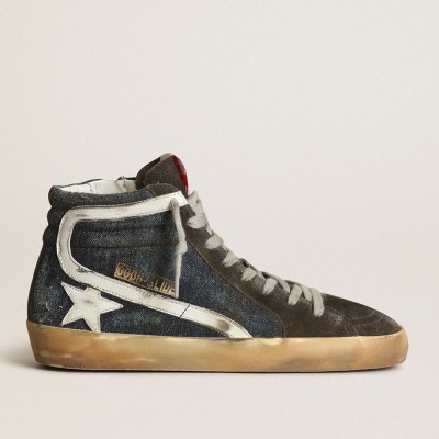 Golden Goose Slide Sneakers In Midnight-blue Denim With White Leather Star GWF00115.F003128.50696