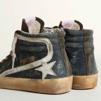 Golden Goose Slide Sneakers In Midnight-blue Denim With White Leather Star GWF00115.F003128.50696