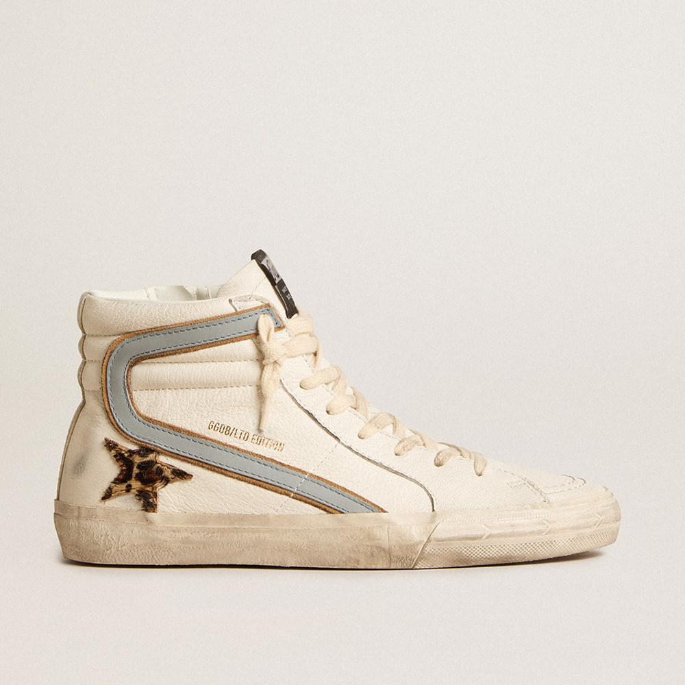 Golden Goose Slide Sneakers In Nappa With Leopard-print Pony Skin Star And Gray Nappa Flash GWF00115.F005925.82668