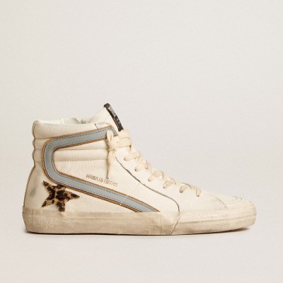 Golden Goose Slide Sneakers In Nappa With Leopard-print Pony Skin Star And Gray Nappa Flash GWF00115.F005925.82668