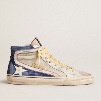 Golden Goose Slide Sneakers In Pearl Canvas And Blue Suede With White Leather Star And Flash GMF00116.F006033.82688