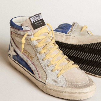 Golden Goose Slide Sneakers In Pearl Canvas And Blue Suede With White Leather Star And Flash GMF00116.F006033.82688