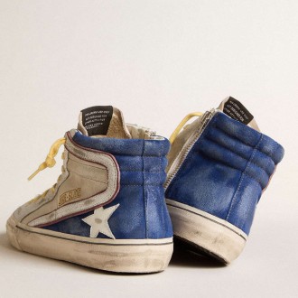 Golden Goose Slide Sneakers In Pearl Canvas And Blue Suede With White Leather Star And Flash GMF00116.F006033.82688