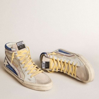 Golden Goose Slide Sneakers In Pearl Canvas And Blue Suede With White Leather Star And Flash GMF00116.F006033.82688