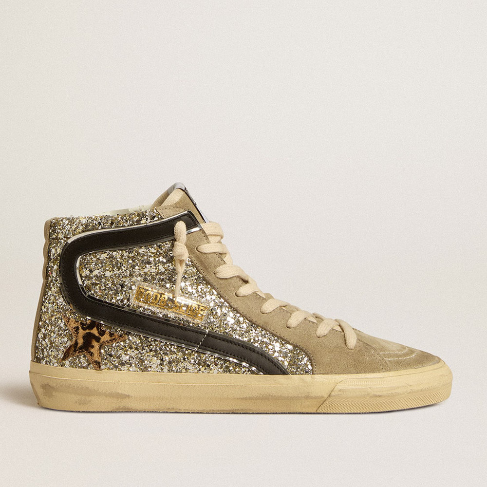 Golden Goose Slide Sneakers In Platinum Glitter With Leopard-print Pony Skin Star And Black Flash GWF00115.F005248.82515