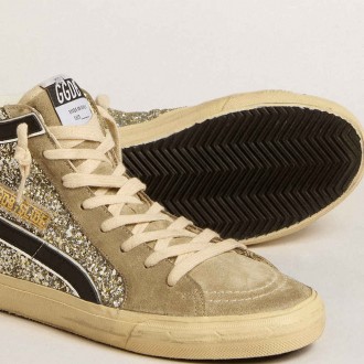 Golden Goose Slide Sneakers In Platinum Glitter With Leopard-print Pony Skin Star And Black Flash GWF00115.F005248.82515