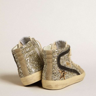 Golden Goose Slide Sneakers In Platinum Glitter With Leopard-print Pony Skin Star And Black Flash GWF00115.F005248.82515