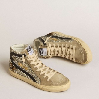 Golden Goose Slide Sneakers In Platinum Glitter With Leopard-print Pony Skin Star And Black Flash GWF00115.F005248.82515