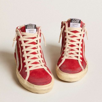 Golden Goose Slide Sneakers In Red Suede With Silver Star And Lizard Print Flash GWF00115.F005930.40399