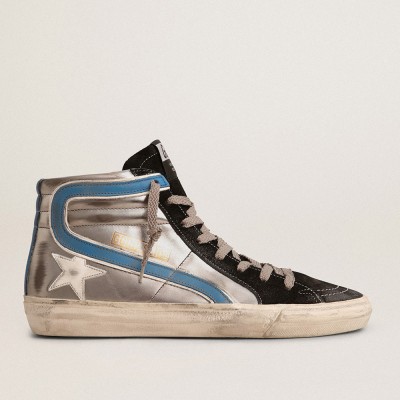 Golden Goose Slide Sneakers In Silver Metallic Leather With White Leather Star GMF00115.F003130.70233