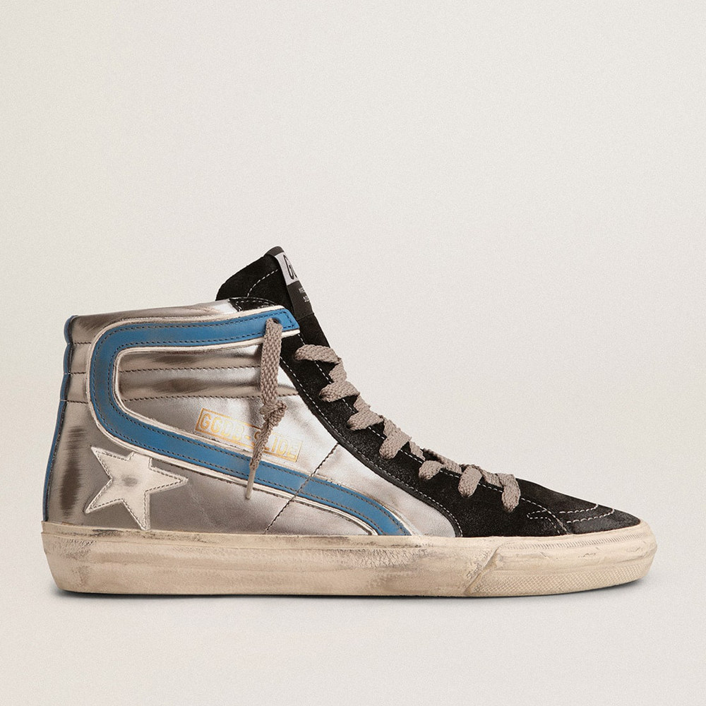 Golden Goose Slide Sneakers In Silver Metallic Leather With White Leather Star GWF00115.F003130.70233