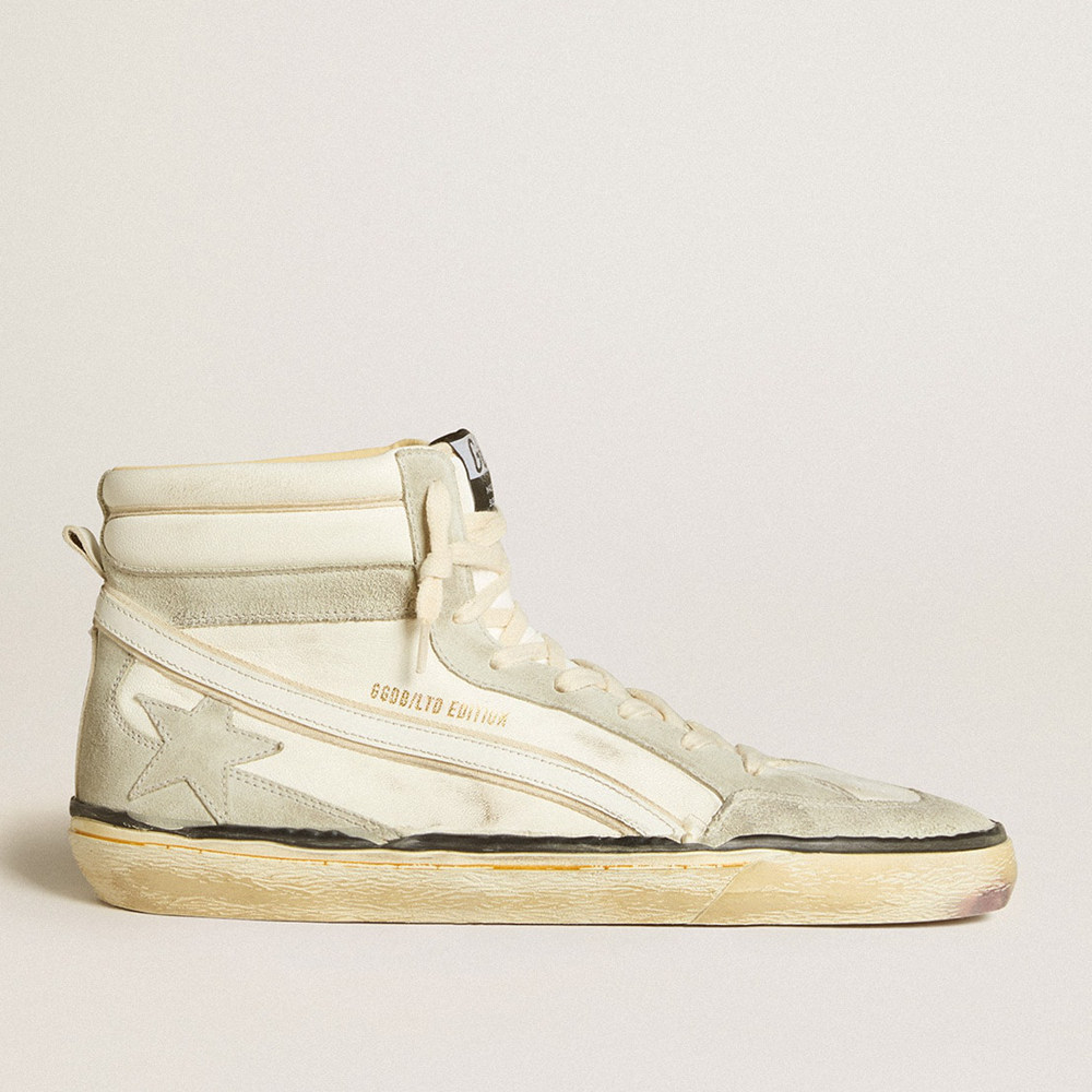 Golden Goose Slide Sneakers LAB In Aged-white Nappa Leather With Gray Suede Star And White Leather Flash GMF00635.F005696.10276