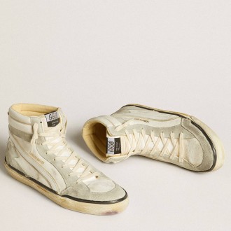 Golden Goose Slide Sneakers LAB In Aged-white Nappa Leather With Gray Suede Star And White Leather Flash GMF00635.F005696.10276