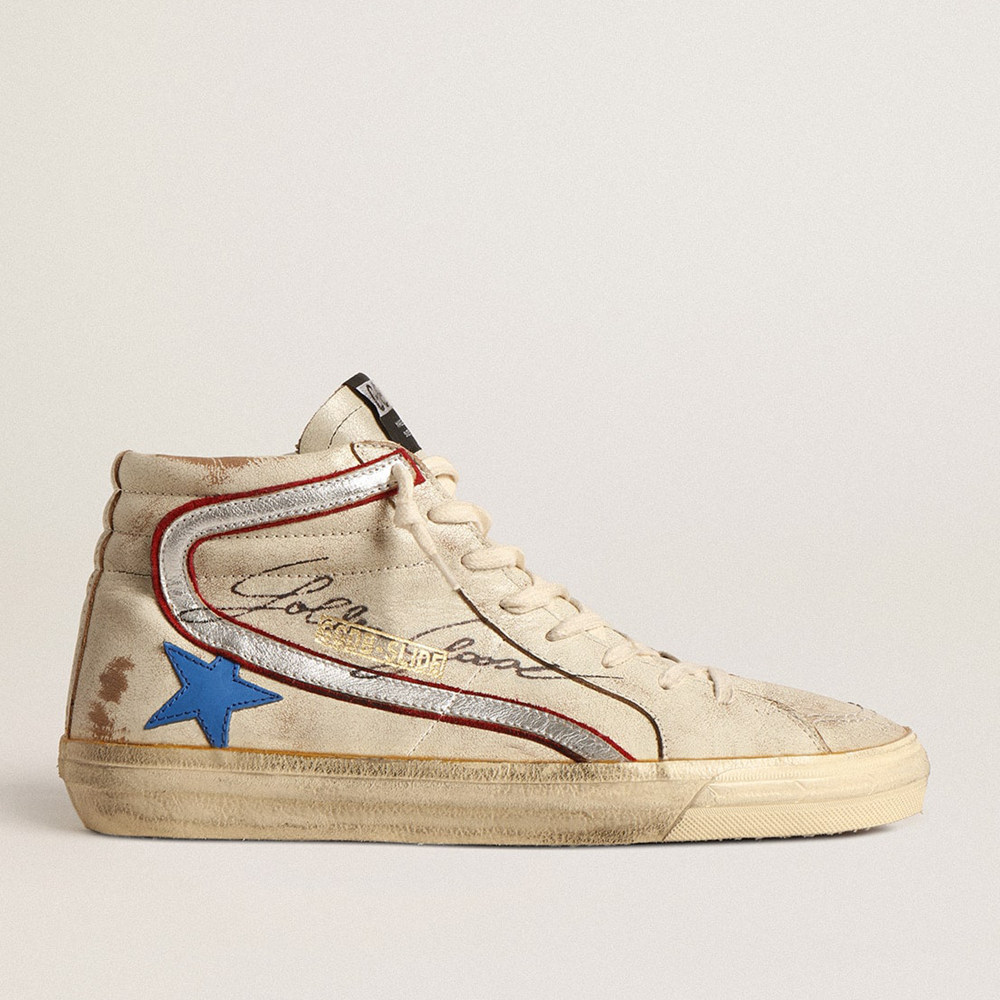 Golden Goose Slide Sneakers LTD In Ecru With Bright Blue Star And Silver Leather Flash GMF00115.F004577.82305