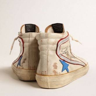 Golden Goose Slide Sneakers LTD In Ecru With Bright Blue Star And Silver Leather Flash GMF00115.F004577.82305