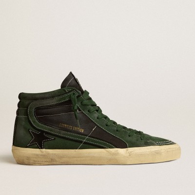 Golden Goose Slide Sneakers LTD In Green Suede And Black Canvas With Suede Star And Flash GMF00116.F005228.35684