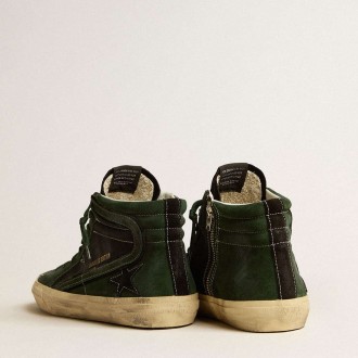 Golden Goose Slide Sneakers LTD In Green Suede And Black Canvas With Suede Star And Flash GMF00116.F005228.35684