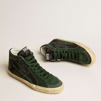 Golden Goose Slide Sneakers LTD In Green Suede And Black Canvas With Suede Star And Flash GMF00116.F005228.35684