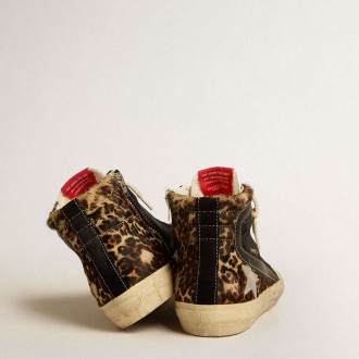 Golden Goose Slide Sneakers Penstar LTD In Leopard-print Pony Skin With Silver Star And Black Flash GWF00286.F005266.80668