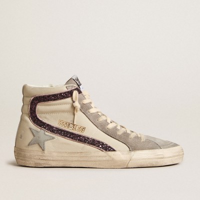 Golden Goose Slide Sneakers With Gray Leather Star And Wine-colored Glitter Flash GWF00115.F005906.82661