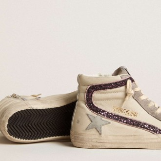 Golden Goose Slide Sneakers With Gray Leather Star And Wine-colored Glitter Flash GWF00115.F005906.82661