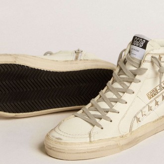 Golden Goose Slide Sneakers With Silver Metallic Leather Star And Leather Flash With Stars GWF00115.F005160.10449