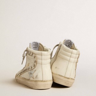 Golden Goose Slide Sneakers With Silver Metallic Leather Star And Leather Flash With Stars GWF00115.F005160.10449