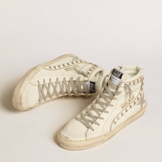 Golden Goose Slide Sneakers With Silver Metallic Leather Star And Leather Flash With Stars GWF00115.F005160.10449