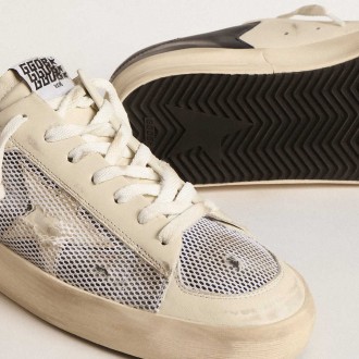 Golden Goose Stardan Sneakers In White Leather And Mesh With Blue Metallic Heel Tab GMF00580.F004567.10768