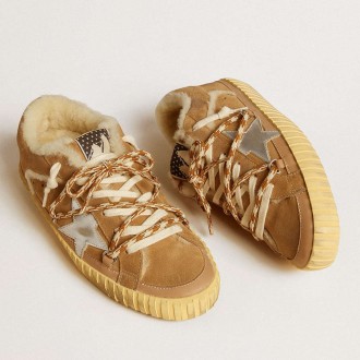 Golden Goose Super-Star Sneakers In Beige Suede And Shearling With Metallic Leather Star GWF00484.F006699.55483