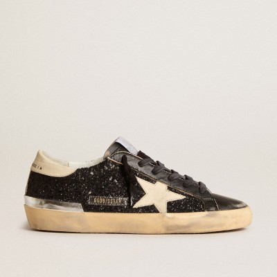 Golden Goose Super-Star Sneakers In Black Glitter And Nappa With Cream Leather Star And Heel Tab GWF00101.F005967.90458