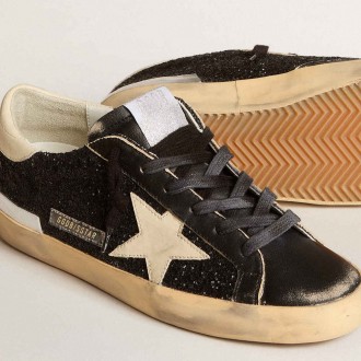 Golden Goose Super-Star Sneakers In Black Glitter And Nappa With Cream Leather Star And Heel Tab GWF00101.F005967.90458