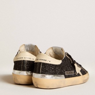 Golden Goose Super-Star Sneakers In Black Glitter And Nappa With Cream Leather Star And Heel Tab GWF00101.F005967.90458