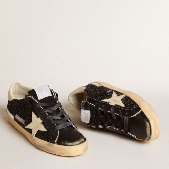 Golden Goose Super-Star Sneakers In Black Glitter And Nappa With Cream Leather Star And Heel Tab GWF00101.F005967.90458