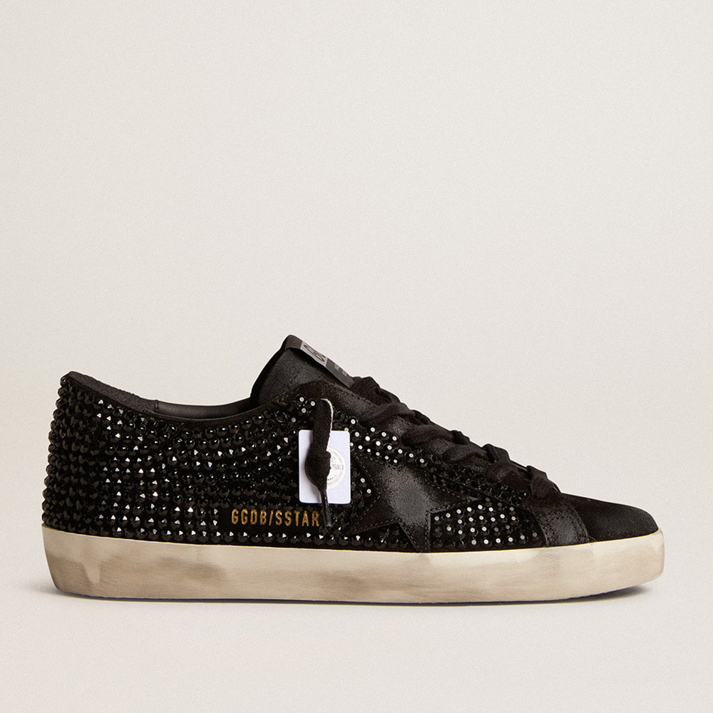 Golden Goose Super-Star Sneakers In Black Suede With Swarovski Crystals And Black Suede Star GWF00174.F006317.90100