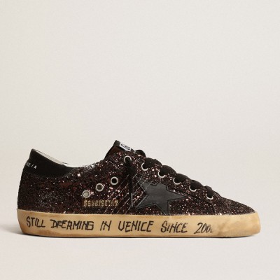 Golden Goose Super-Star Sneakers In Brown Glitter With Black Leather Star And Heel Tab GWF00101.F004138.55523