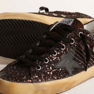 Golden Goose Super-Star Sneakers In Brown Glitter With Black Leather Star And Heel Tab GWF00101.F004138.55523