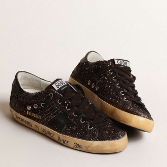 Golden Goose Super-Star Sneakers In Brown Glitter With Black Leather Star And Heel Tab GWF00101.F004138.55523