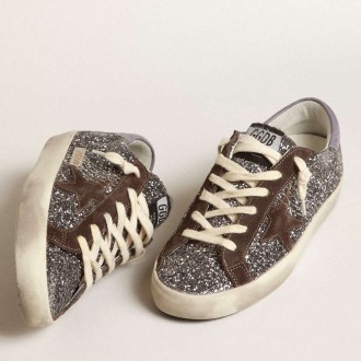 Golden Goose Super-Star Sneakers In Glitter With A Brown Star And Lilac Heel Tab GWF00101.F003986.60394