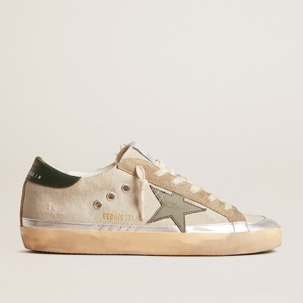 Golden Goose Super-Star Sneakers In Gray Canvas With A Green Leather Star And Heel Tab GWF00484.F005943.60521