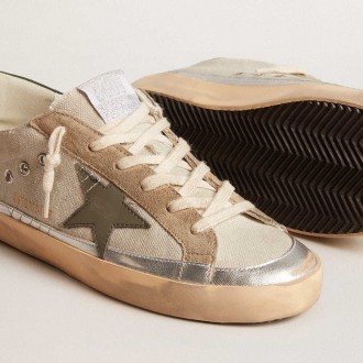 Golden Goose Super-Star Sneakers In Gray Canvas With A Green Leather Star And Heel Tab GWF00484.F005943.60521