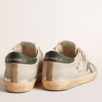 Golden Goose Super-Star Sneakers In Gray Canvas With A Green Leather Star And Heel Tab GWF00484.F005943.60521