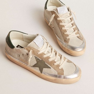 Golden Goose Super-Star Sneakers In Gray Canvas With A Green Leather Star And Heel Tab GWF00484.F005943.60521