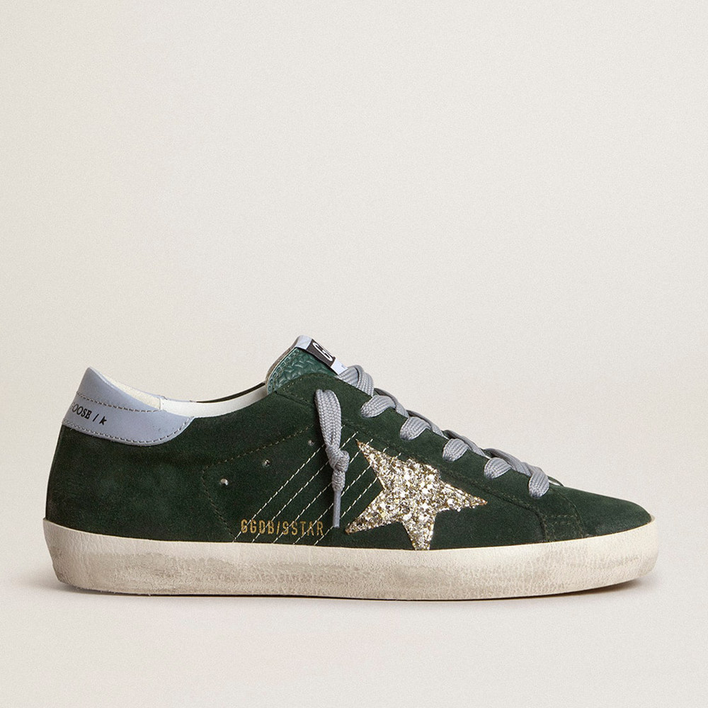 Golden Goose Super-Star Sneakers In Green Suede, Silver Glitter Star And Leather Heel Tab GWF00101.F007200.35923