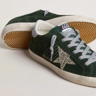 Golden Goose Super-Star Sneakers In Green Suede, Silver Glitter Star And Leather Heel Tab GWF00101.F007200.35923