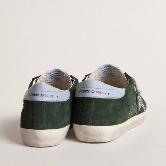 Golden Goose Super-Star Sneakers In Green Suede, Silver Glitter Star And Leather Heel Tab GWF00101.F007200.35923