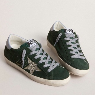 Golden Goose Super-Star Sneakers In Green Suede, Silver Glitter Star And Leather Heel Tab GWF00101.F007200.35923